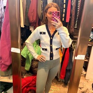 Commense White Cardigan with Navy Accents